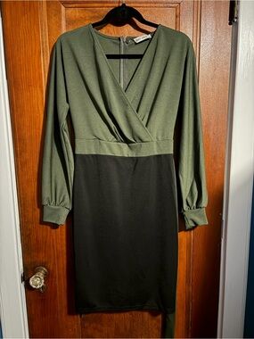 Grace Karin Olive and Black V-Neck Long Sleeve Sheath Dress